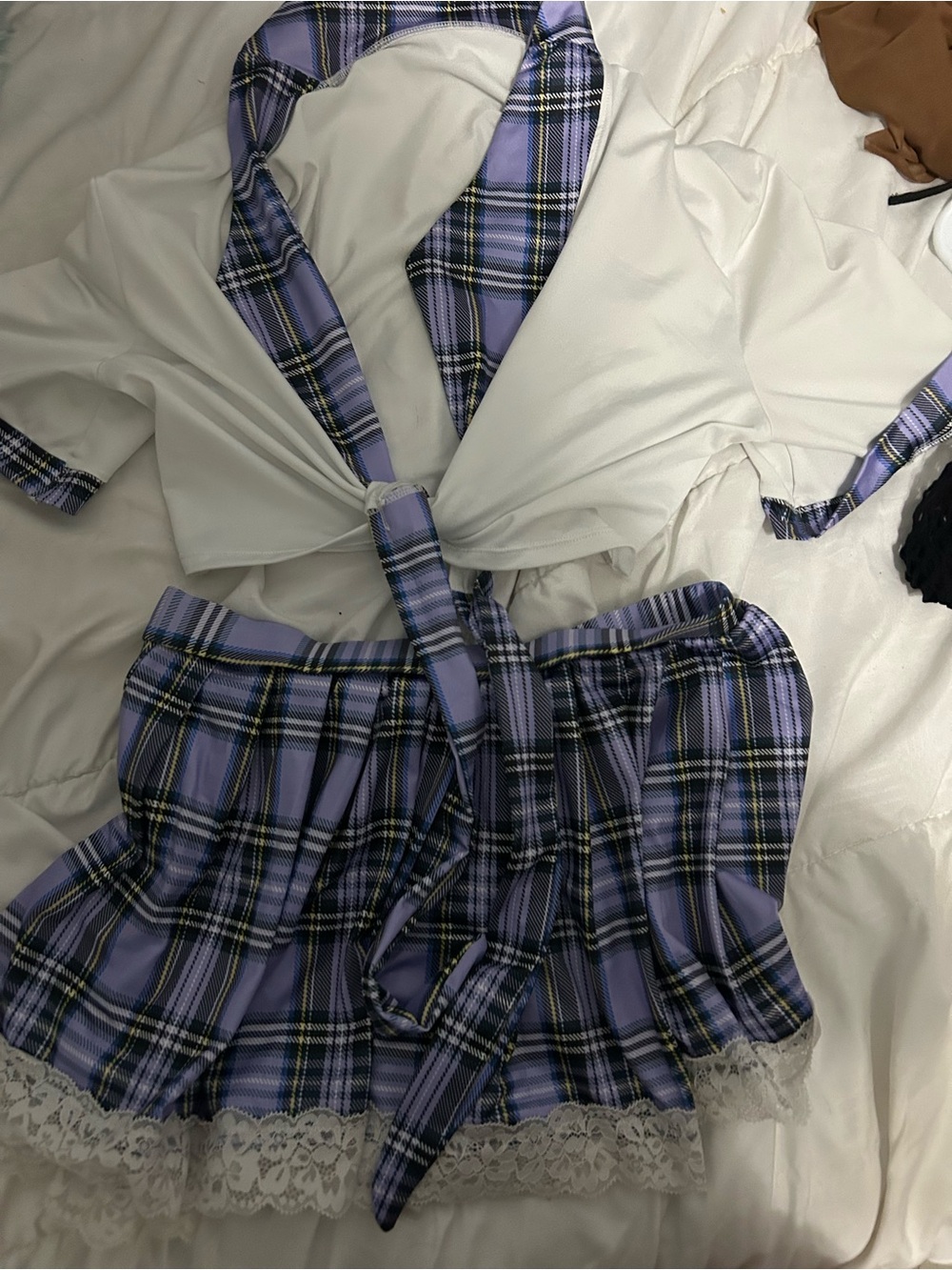Lilac Plaid Lace Trim Skirt Set